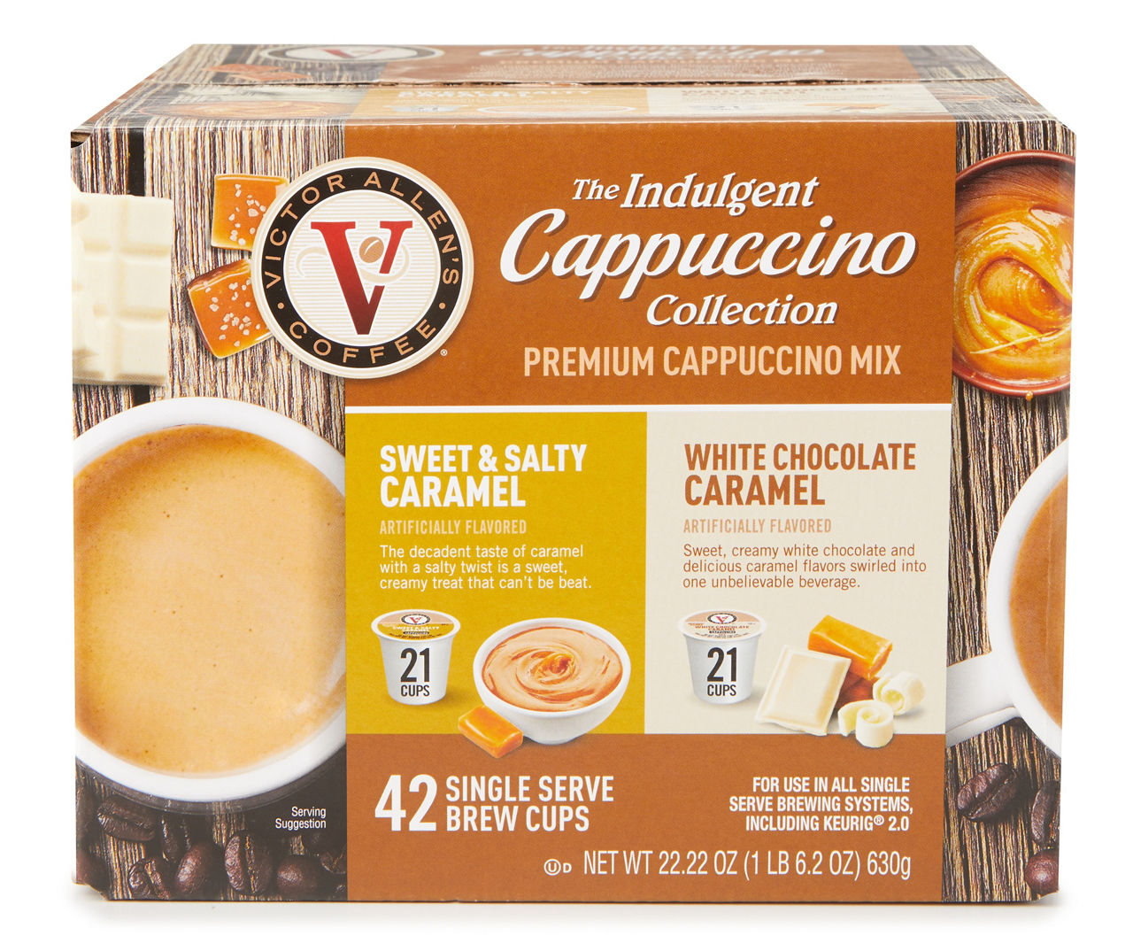Victor Allen The Indulgent Cappuccino Collection Sweet & Salty Caramel & White Chocolate Caramel Single Serve Brew Cups, 42 Count