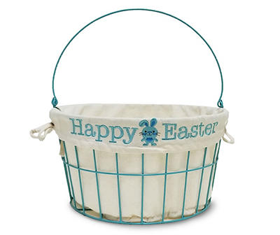 "Happy Easter" Lined Blue Metal Wire Easter Basket