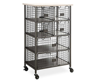 WOOD AND METAL 6 DRAWER ROLLING CART
