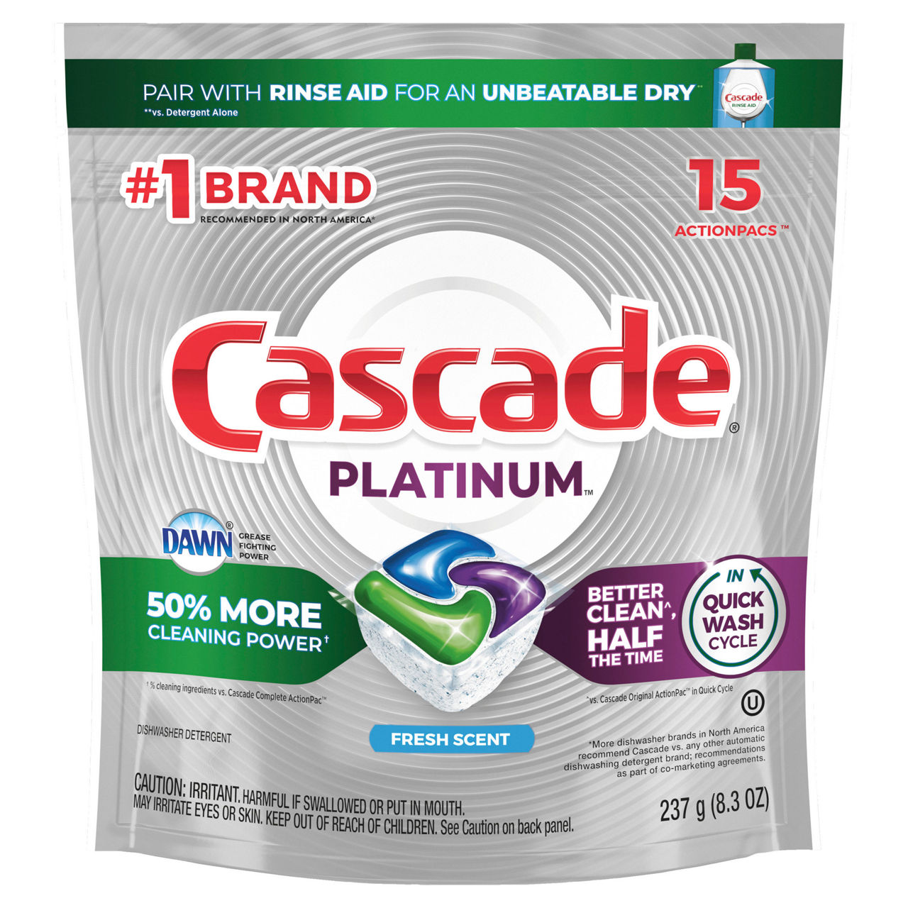 Cascade Platinum ActionPacs Dishwasher Detergent, Fresh Scent - 62 count