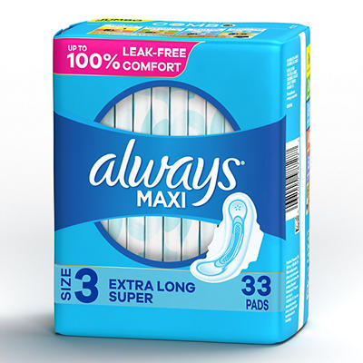 Always Maxi Daytime Pads with Wings, Size 3, Extra Long Super, Unscented, 33 Count