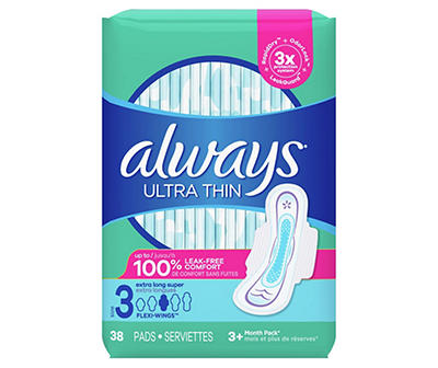 Always Ultra Thin Pads Size 3 Extra Long Super Absorbency Unscented with Wings, 38 Count