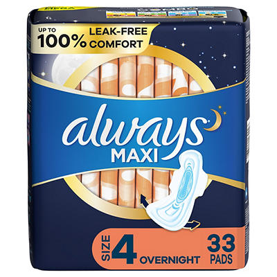 Size 4 Overnight Unscented Maxi Pads with Wings, 33-Count