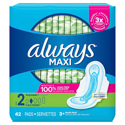 Always Maxi Pads Size 2 Long Super Absorbency Unscented with Wings, 42 Count