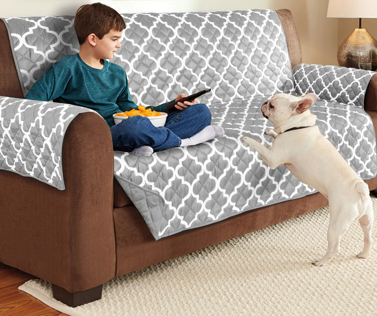 Gray Solid Quatrefoil Pattern Reversible Sofa Protector