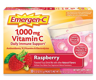 Emergen-C Vitamin C 1000mg Powder (30 Count, Raspberry Flavor, 1 Month Supply), With Antioxidants, B Vitamins and Electrolytes, Dietary Supplement Fizzy Drink Mix, Caffeine Free