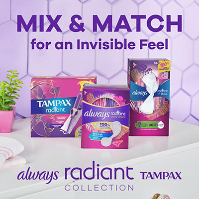Always Radiant Feminine Pads for Women, Size 1 Regular, with wings, scented, 30ct