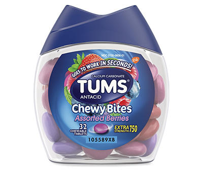 TUMS Chewy Bites Chewable Antacid Tablets for Heartburn Relief, Assorted Berries - 32 Count