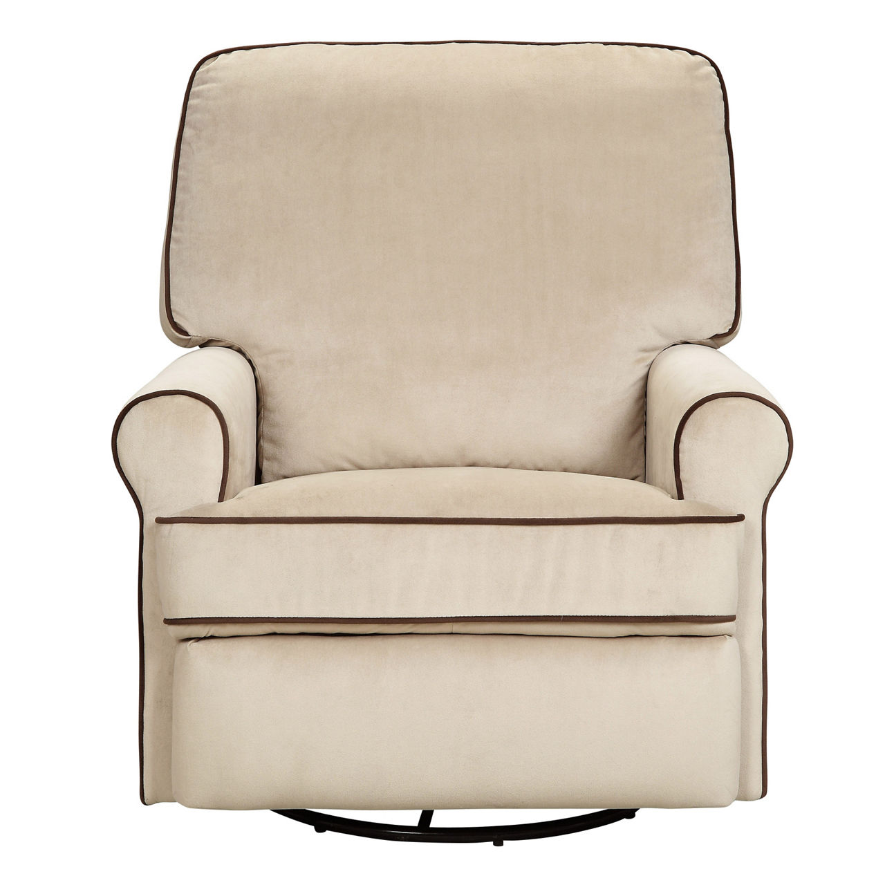 TAN SWIVEL GLIDER CHAIR WITH BROWN PIPING