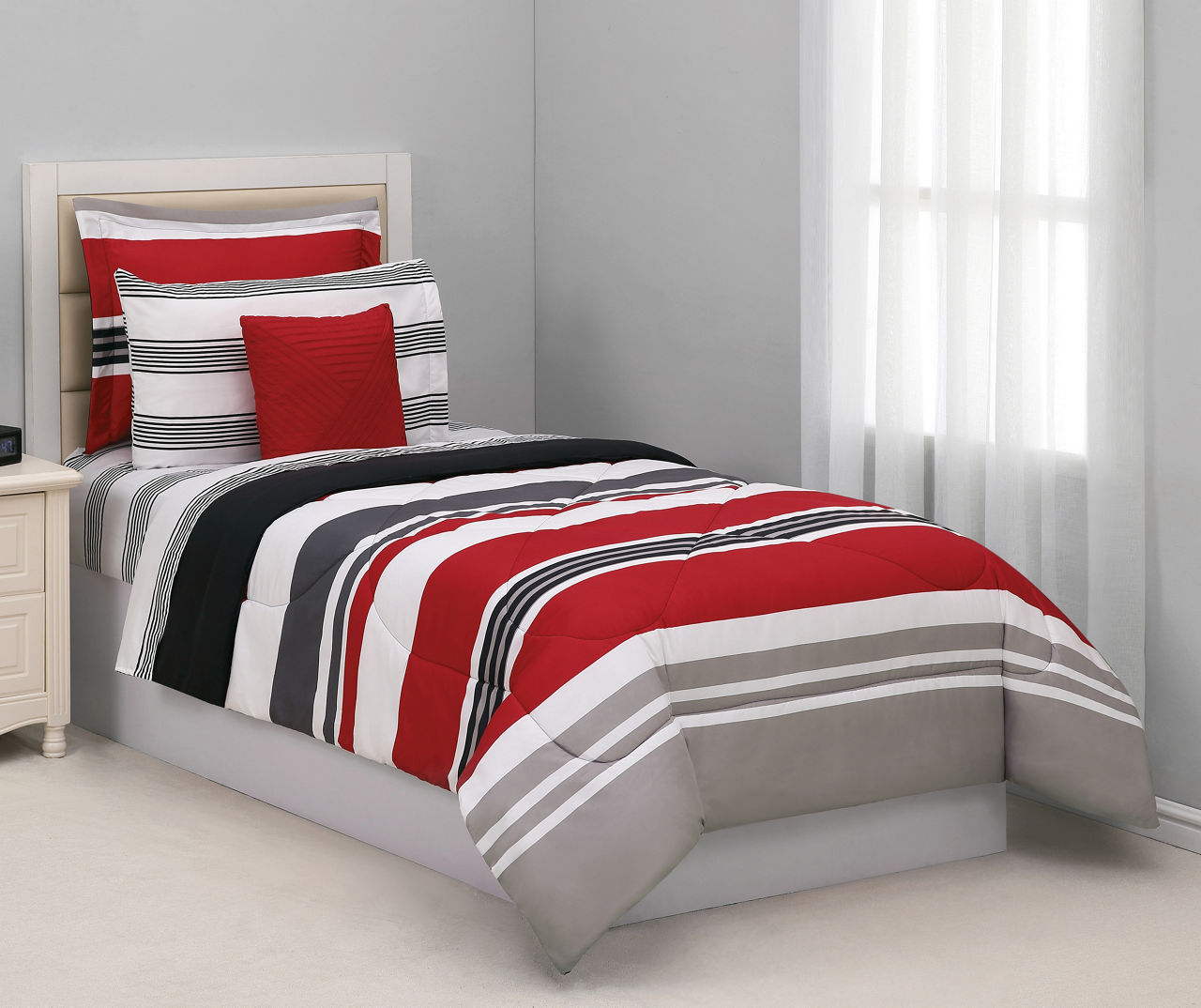 Red, Black & Gray Stripe Twin 6-Piece Reversible Comforter Set 