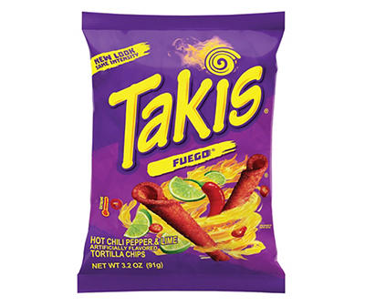 Takis Fuego Rolled Tortilla Chips, Hot Chili Pepper and Lime Artificially Flavored, 3.2 Ounce Bag
