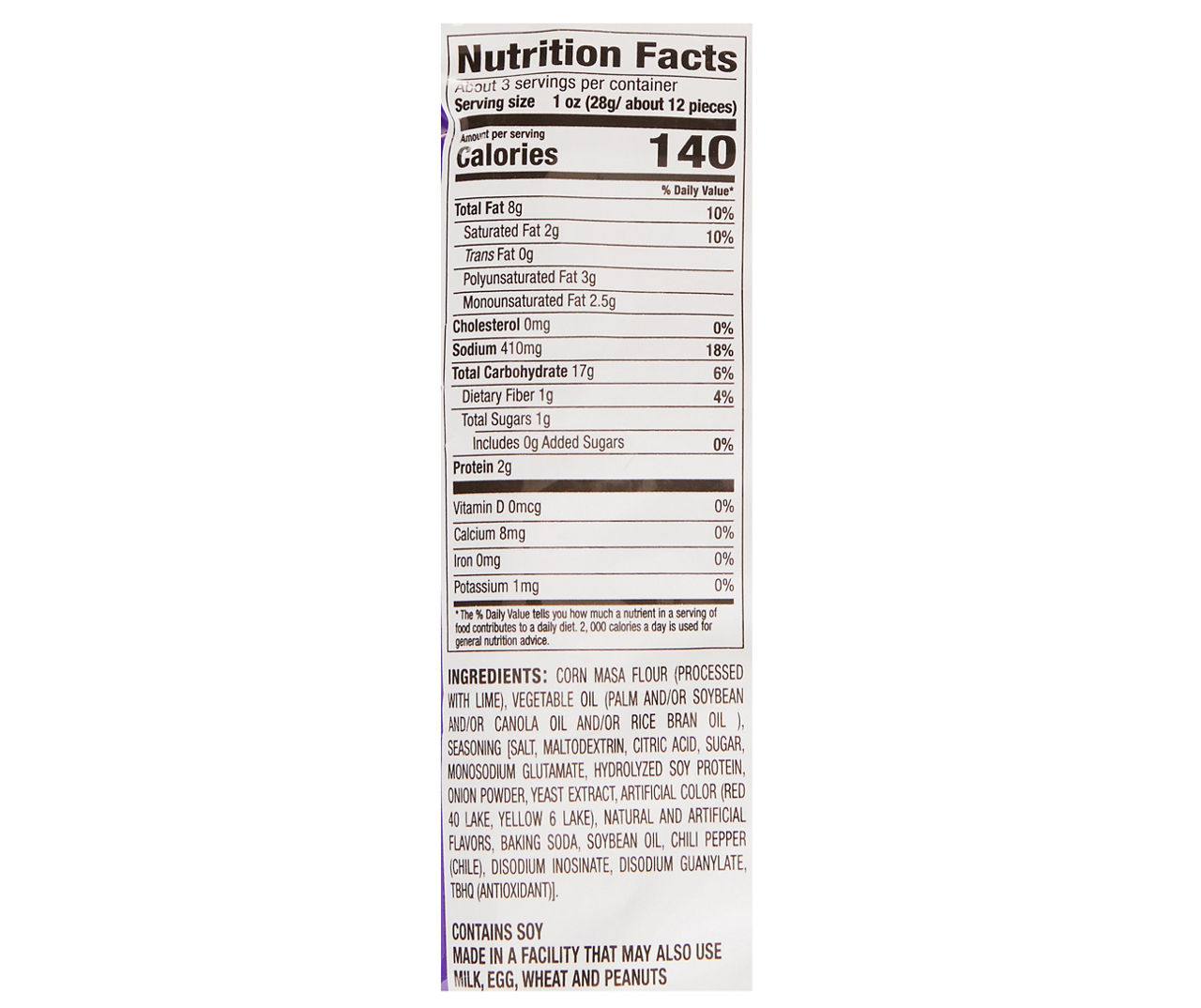 takis fuego nutrition label