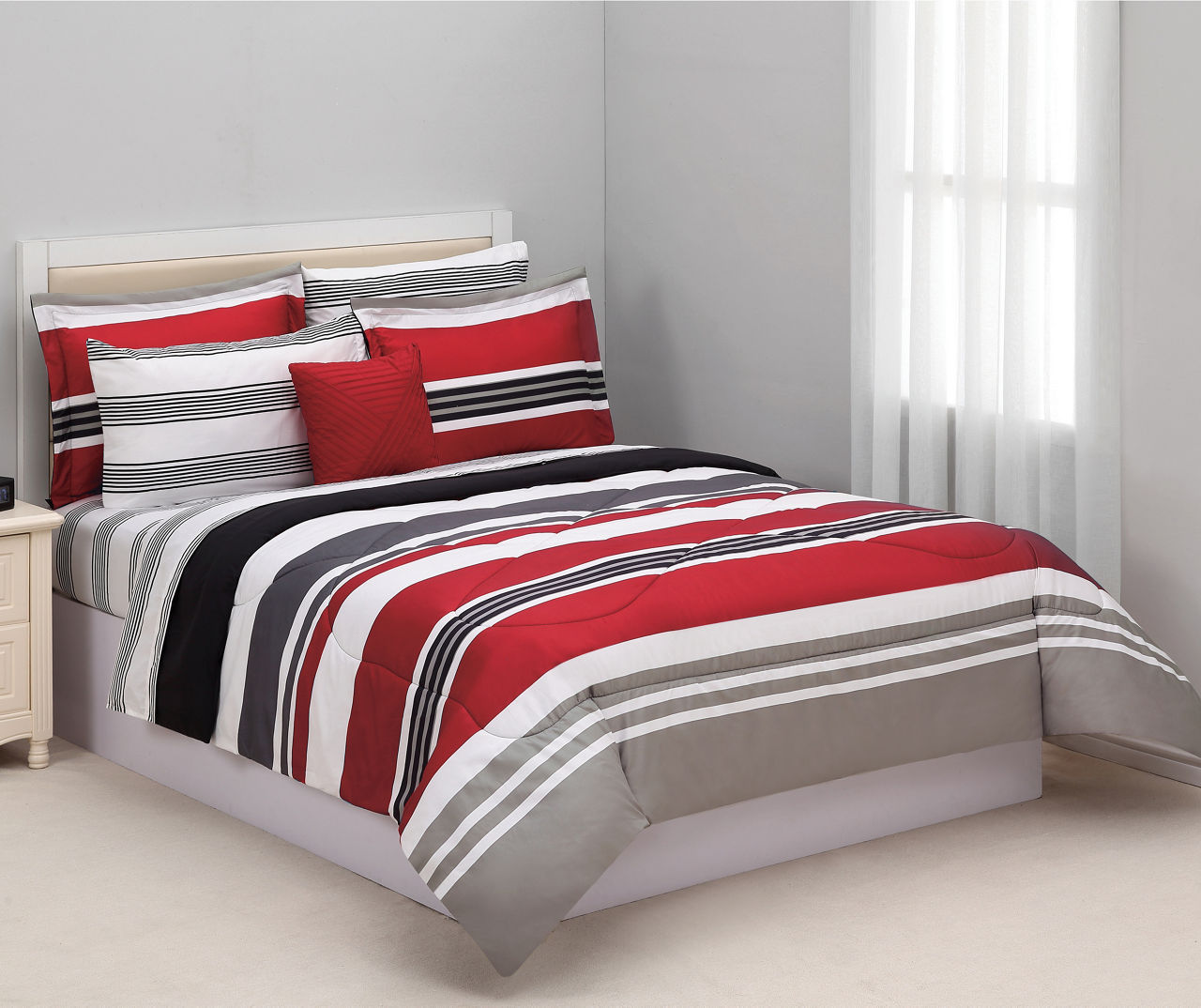 Red, Black & Gray Stripe Queen 8-Piece Reversible Comforter Set 