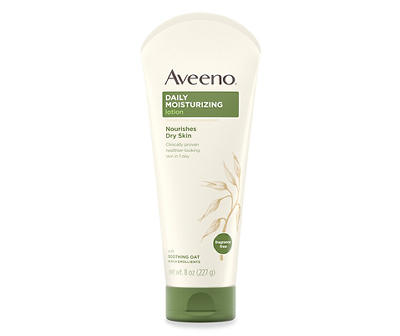 Aveeno Daily Moisturizing Body Lotion with Soothing Prebiotic Oat, Gentle Lotion Nourishes Dry Skin With Moisture, Paraben-, Dye- & Fragrance-Free, Non-Greasy & Non-Comedogenic, 8 fl. oz