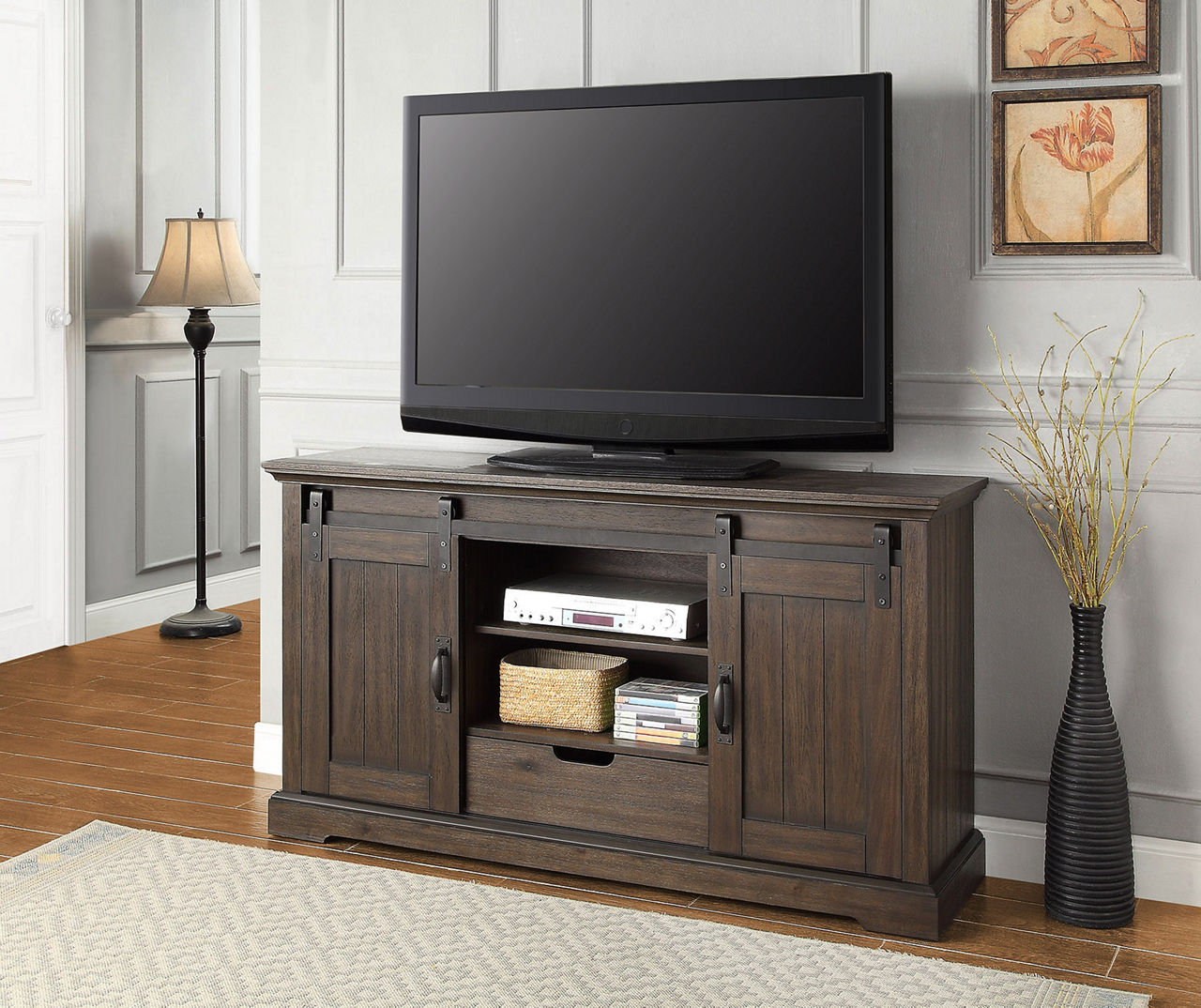 Stratford rustic sliding barn store door tv stand