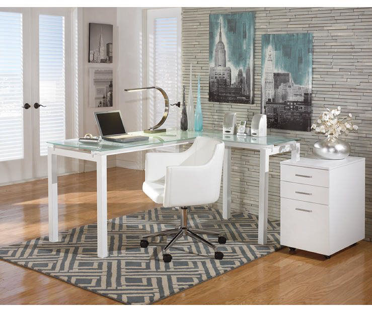 Nexora L shape Modular Office Table with Three Drawers (Flowery Wenge  Frosty White)