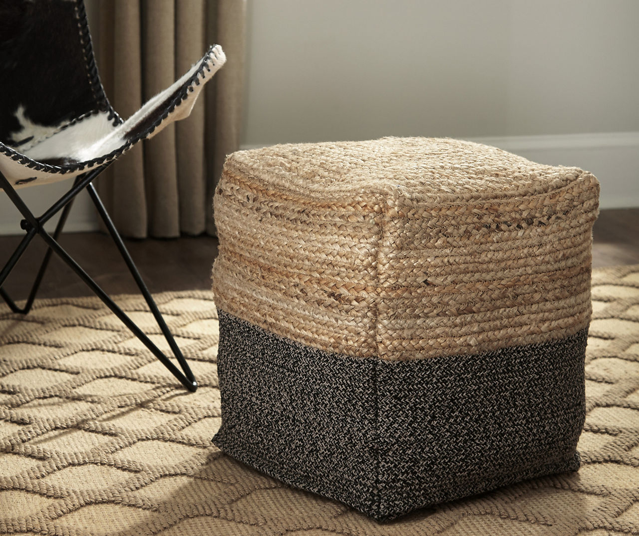 Square Black Jute Pouffe Cushioned Foot Stool Ottoman or 