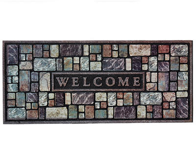 "Welcome" Rock Wall Graystone Outdoor Doormat, (21" x 48")