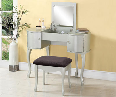 Kelly Silver Rounded Mirror Vanity Set with Stool