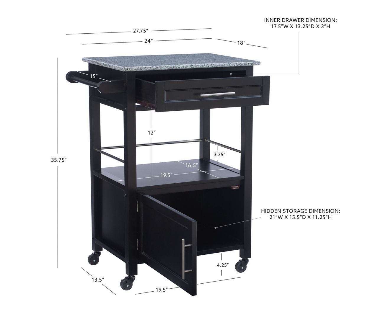 Ree Black Granite Top Kitchen Cart with Storage