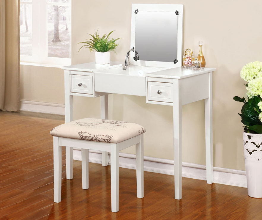White Butterfly Mirror Vanity Set with Stool