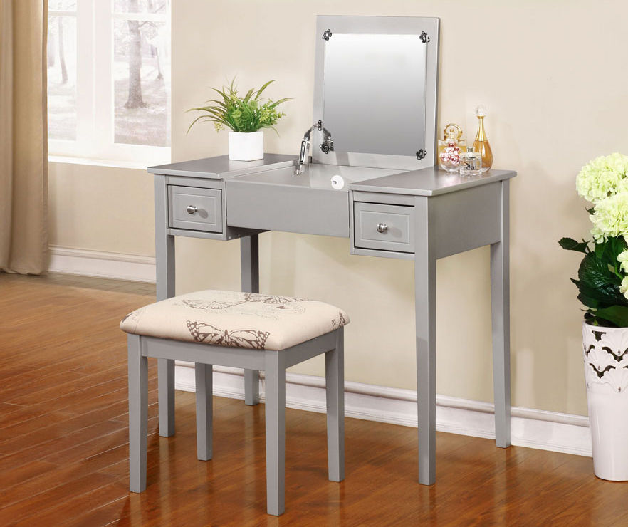 Silver Butterfly Mirror Vanity Set with Stool