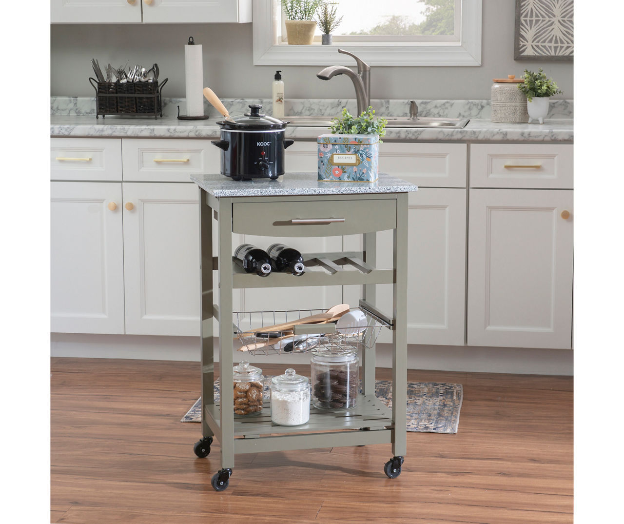 Smith Gray Granite Top Kitchen Cart with Storage Basket