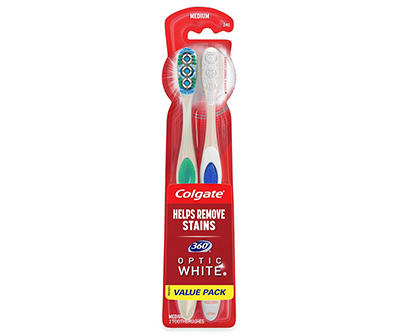 360° Optic White Medium Toothbrush, 2-Pack