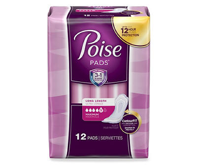 Poise Incontinence Pads for Women, Maximum Absorbency, Long, 12 Count (Packaging May Vary)