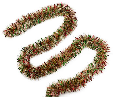Red, Green & Gold Embossed Tinsel Garland, (10')