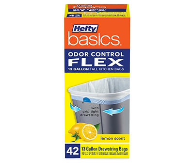 Hefty Basics Odor Control Flex 13 Gallon Tall Kitchen Drawstring Bags 42 ct Lemon Scent Box