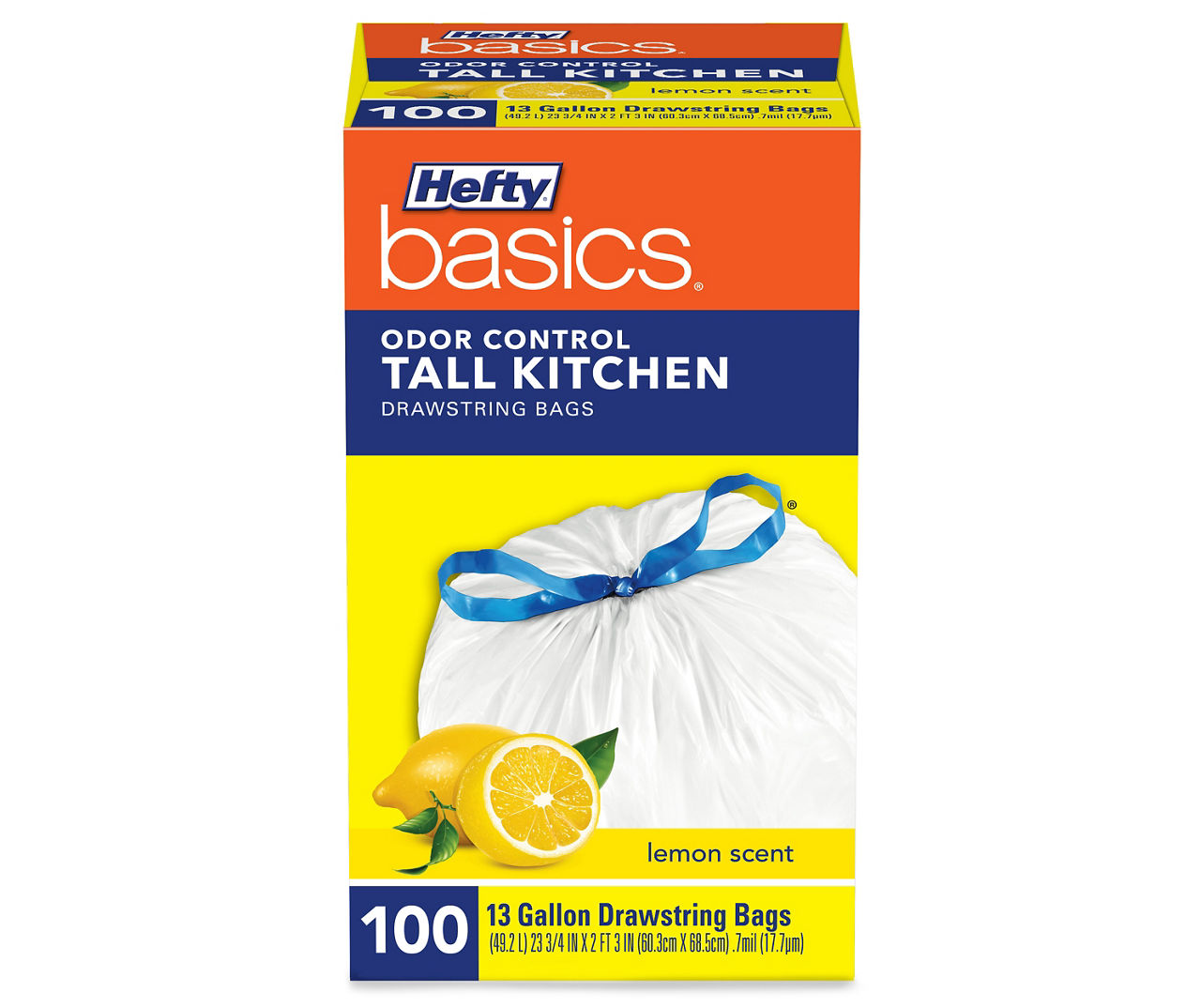 Hefty Basics Lemon Scent Odor Control 13 Gallon Tall Drawstring Kitchen Bags 100 Ct Box
