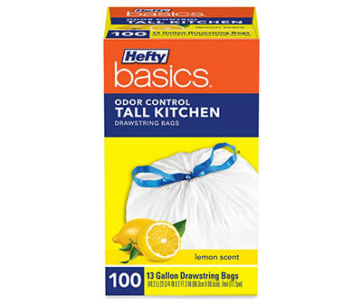 Hefty Basics Odor Control 13 Gallon Tall Kitchen Drawstring Bags 100 ct Lemon Scent Box