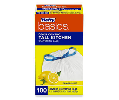 Hefty Basics Odor Control 13 Gallon Tall Kitchen Drawstring Bags 100 ct Lemon Scent Box