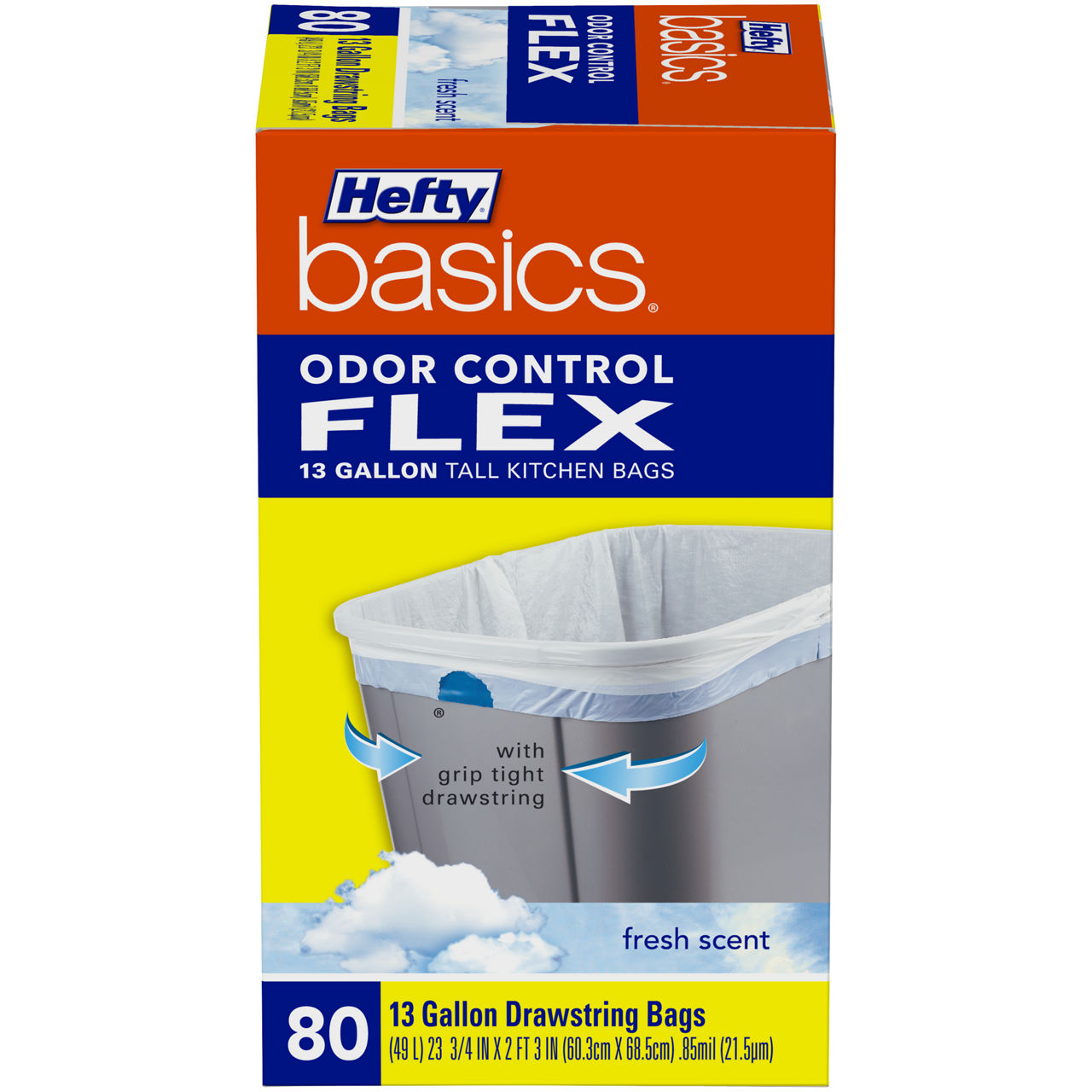 Hefty Basics Hefty Basics Flex Odor Control 13 Gallon Tall Kitchen  Drawstring Bags 80 ct Fresh Scent Box