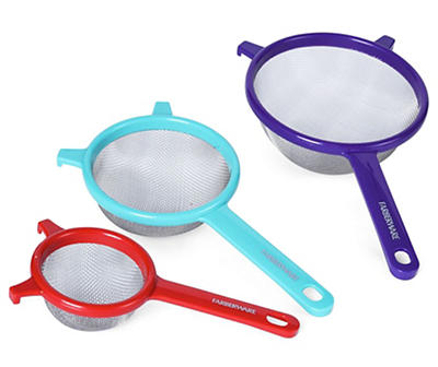 Set of Strainers, Red, Aqua and Purple, 3-Piece 