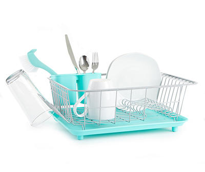 Farberware Compact Dish Rack with Frost Sink Brush, Teal