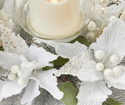 White & Silver Poinsettia LED Candle Centerpiece