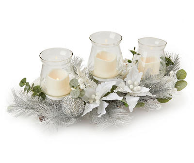 White & Silver Poinsettia LED Candle Centerpiece