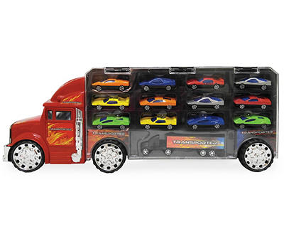 Transporter Truck Carrying Case with Die Cast Cars, 14-Piece Set