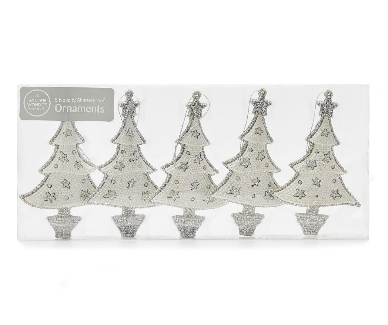 Winter Wonder Lane Silver Glitter Tree 5-Count Decorative Ornament Set ...
