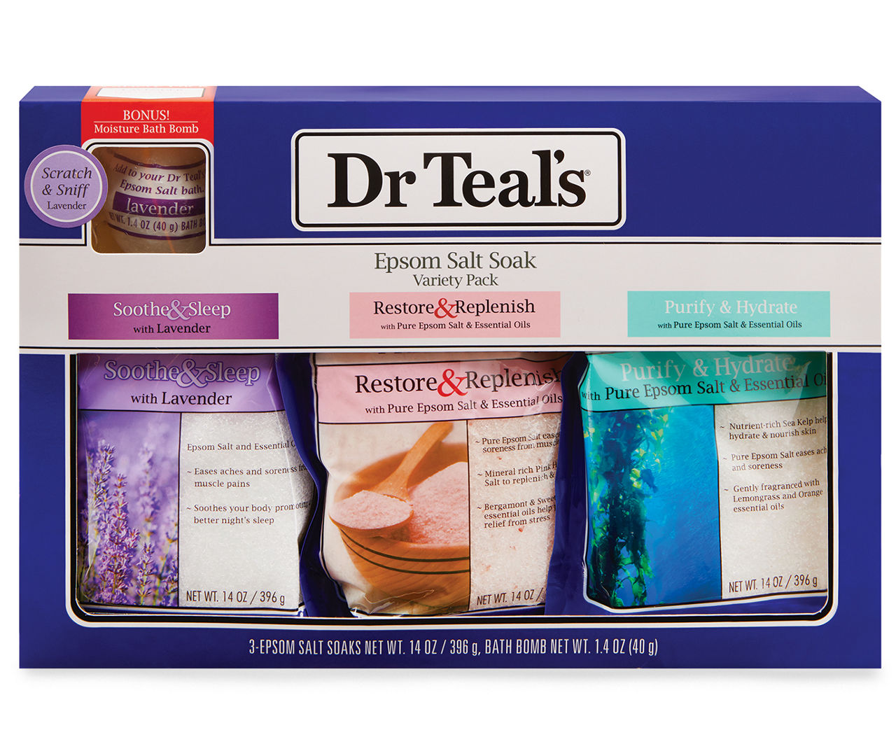 Dr Teal's Lavender, Pink Himalayan and Sea Kelp Epsom Salt Sampler, 3