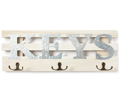 "Keys" Galvanized Whitewash Wood 3-Hook Wall Rack