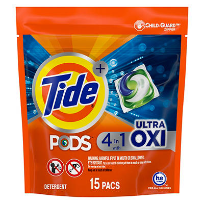 Tide PODS Liquid Laundry Detergent Soap Pacs, 4-n-1 Ultra Oxi, HE Compatible 15 Count, Built in Pre-treater for Stains