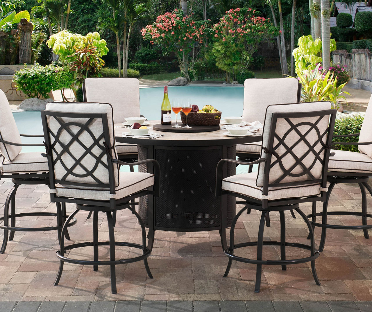 Round patio dining set shop with fire pit