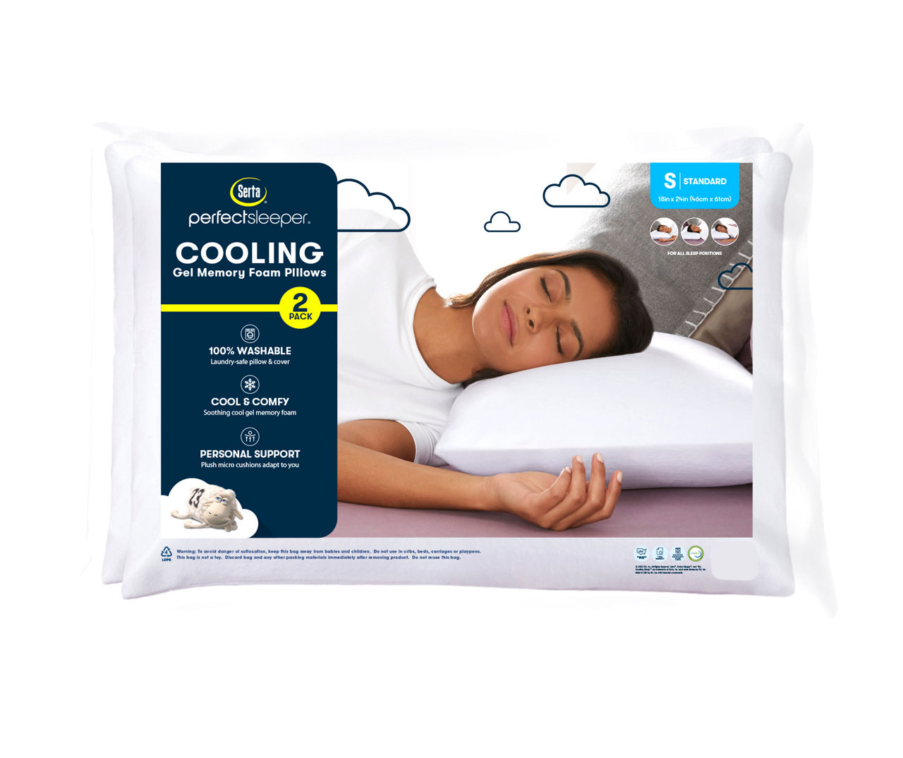 White Washable Cooling Gel Memory Foam Pillows, 2-Pack