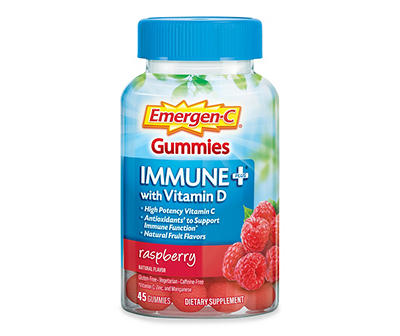 Emergen-C Immune+ Gummies, 750 mg Vitamin C with Vitamin D (45 Count, Raspberry Flavor), Immune Support Dietary Supplement, Caffeine Free, Gluten Free