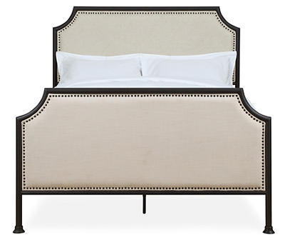 White Clipped Queen Corner Metal Bed with Nailhead Trim
