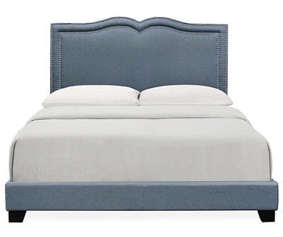Blue Curved Upholstered Queen Bed with Nailhead Trim