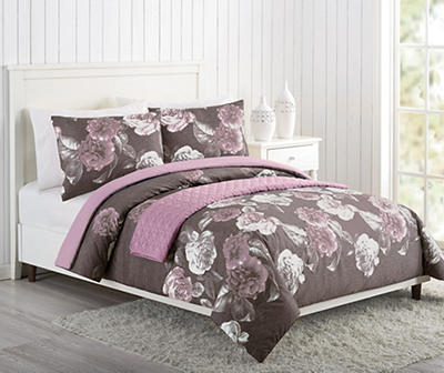 Living Colors Gray, Purple & Pink Rose 4-Piece Comforter Sets